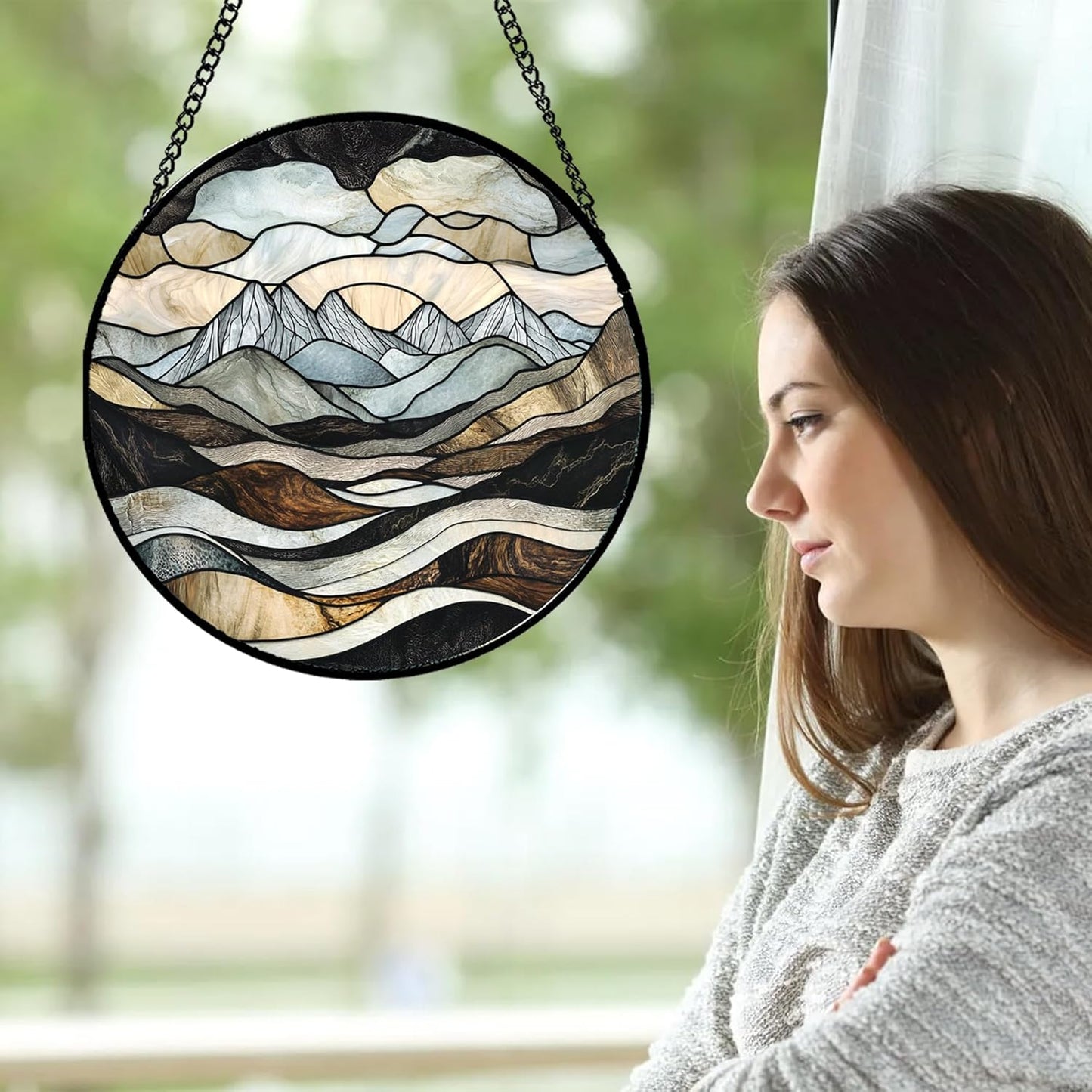 Stained Glass Window Hanging - Grey Mountains Landscape Suncatcher for Doors Garden Patio Retro Sun Catchers Decor Christmas Mother's Day Birthday Gifts for Women Men Mom Nana Friend 11.8 in
