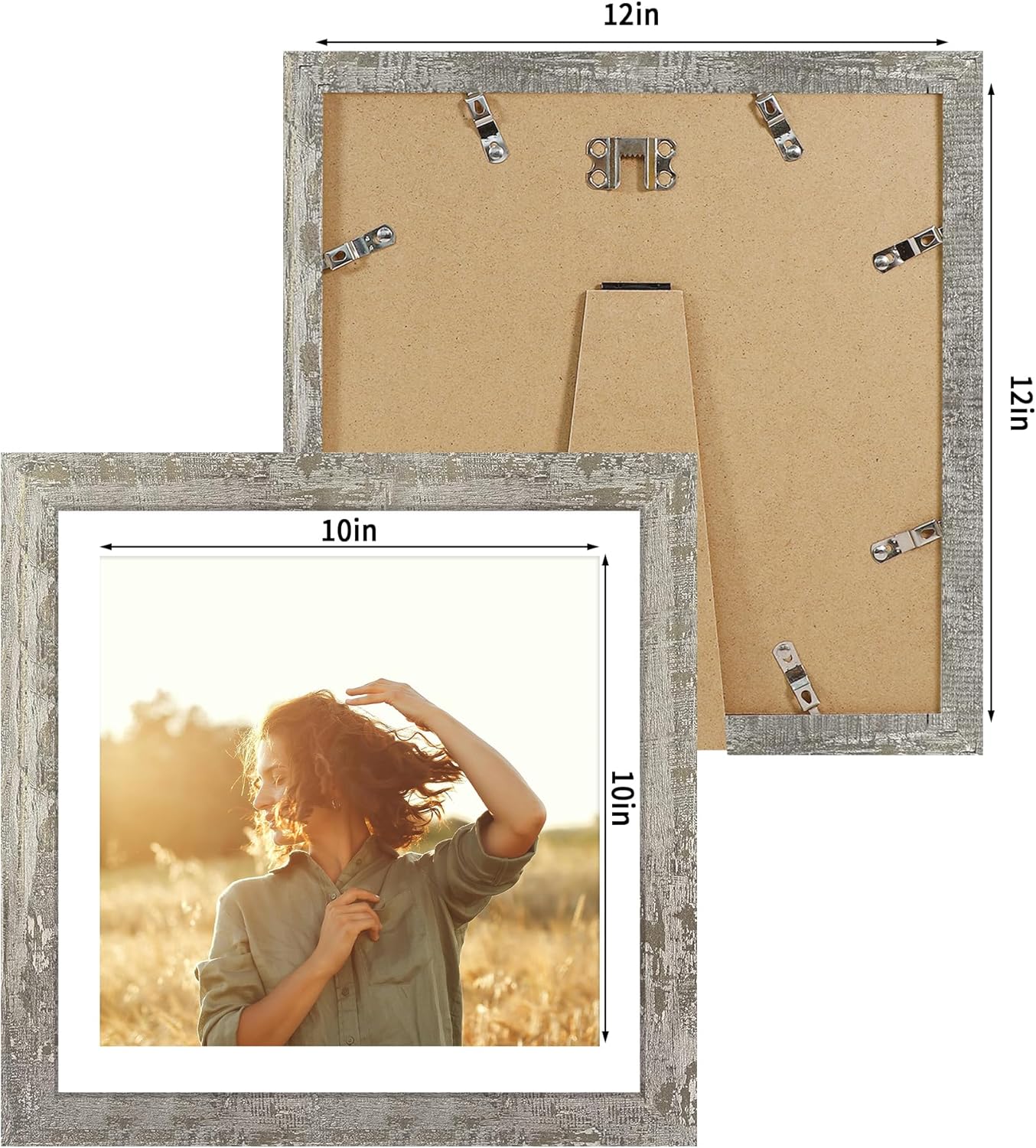 12x12 Picture Frame Set of 4 with Tempered Glass, Display 10x10 Picture with Mat or 12 x 12 Without Mat, Rustic Wood Square Photo Frame for Desktop Display and Wall Mounting