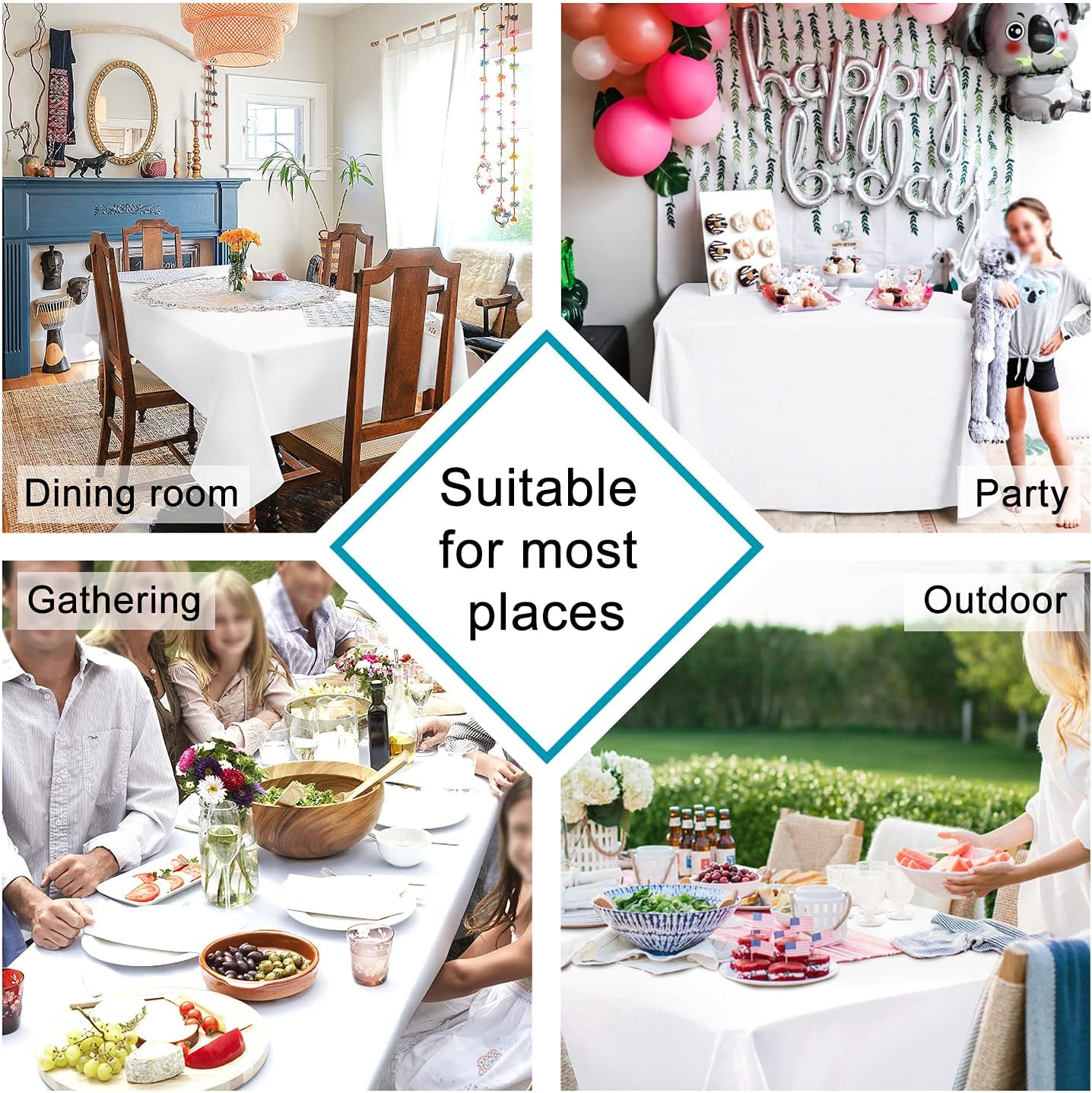 Hiasan White Tablecloth for Rectangle Tables - Waterproof and Spillproof Washable Fabric Table Cloth for Dining Room Kitchen Party, 60 x 102 Inch