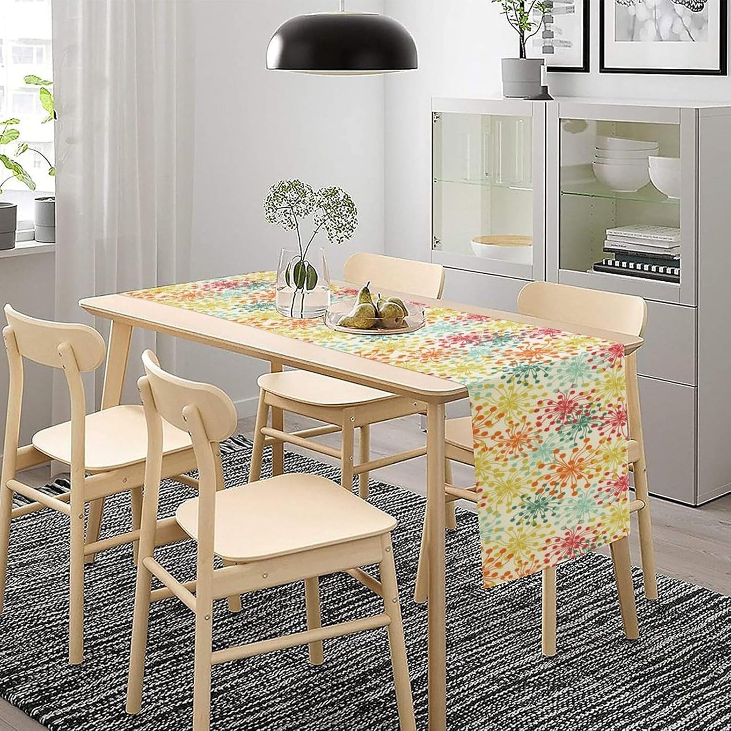 Mid Century Flower Table Runner, Colorful Geometric Abstract Chrysanthemum Vintage Farmhouse Decorations Orange Yellow Gray Table Runner for Kitchen Dining Holiday Party Decor, 13x90 Inch