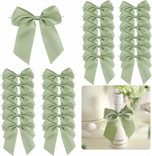 4.5" Satin Ribbon Sage Green Bows for Gift Wrapping, Twist Tie Bows, Cute Bows for Crafts, Party Favors, Premade Bows Pre-Tied Decorative Bows for Flower Bouquets Candy Apple Bows-24 Counts