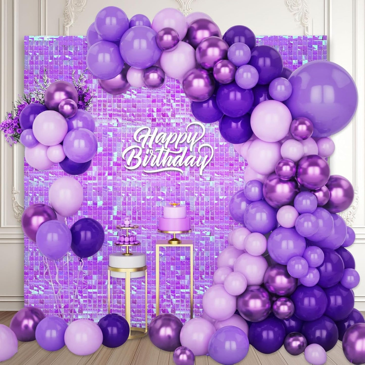 24PCS Colorful Purple Shimmer Wall Backdrop, Square Sequin Photo Backdrops Panel, Glitter Wall Background for Birthdays, Weddings, Christmas, Engagements, Disco Bachelorette Party Decor (3FTx4FT)