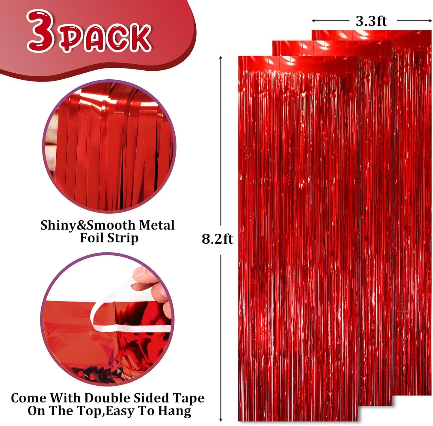 3 Pack 3.3x8.2 Feet Red Foil Fringe Backdrop Curtains, Tinsel Streamers Birthday Party Decorations, Fringe Backdrop for Graduation, Baby Shower, Gender Reveal, Disco Party
