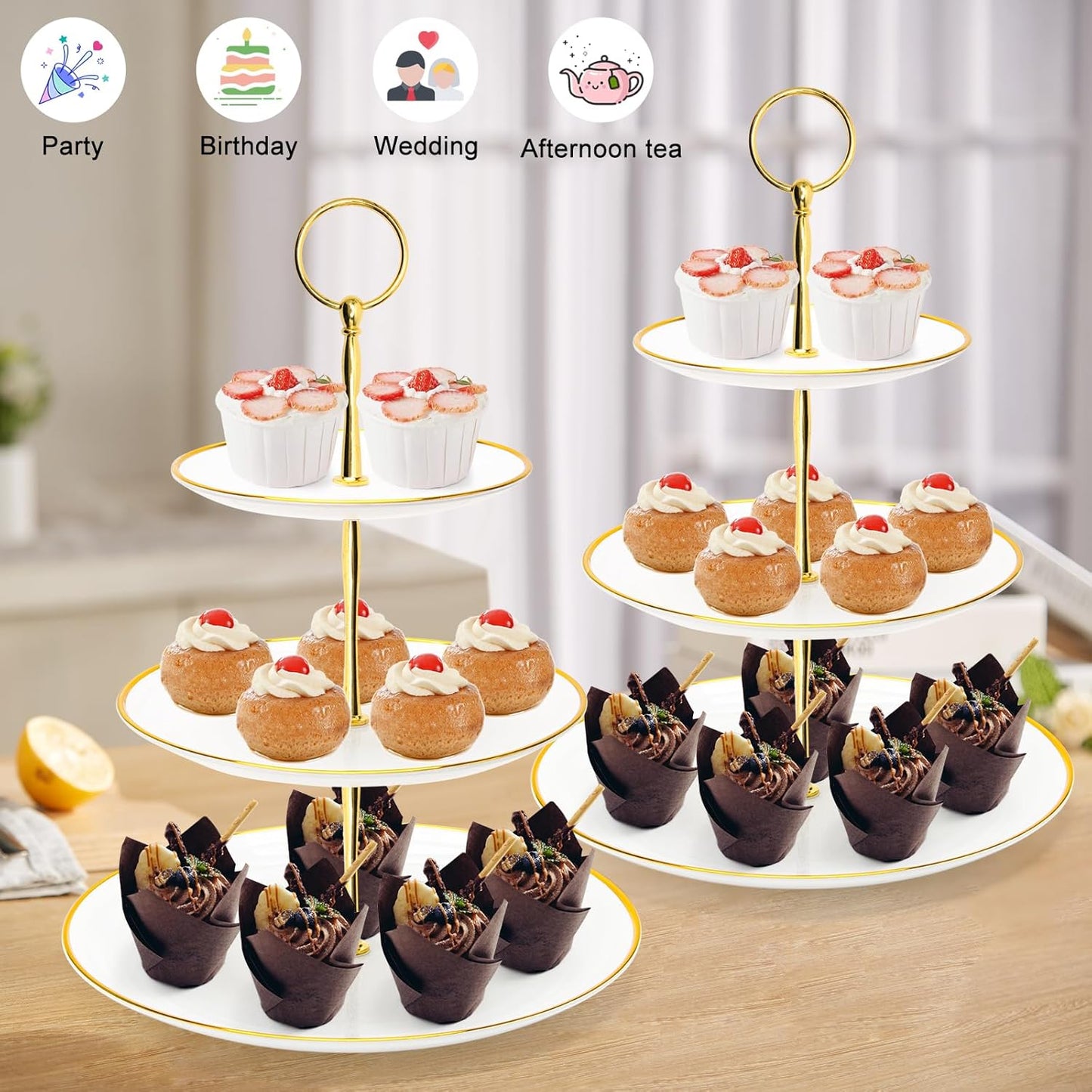 Coitak 3 Tier Cupcake Stand, Plastic Tiered Serving Stand, Dessert Tower Tray for Tea Party, Baby Shower and Wedding (Round-gold edge)