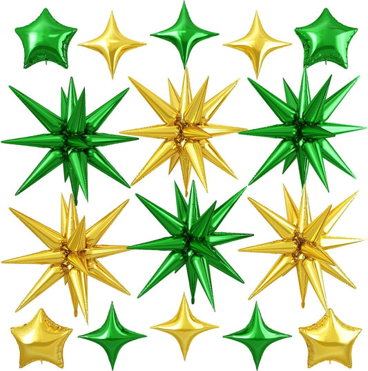 Gold Green Star Balloon,16Pcs Star Foil Balloons Set with 22Inch Explosion Spike Cone Balloons and 10Inch Quadrangle Helium Balloon for Birthday Wedding Baby Shower Party Decorations