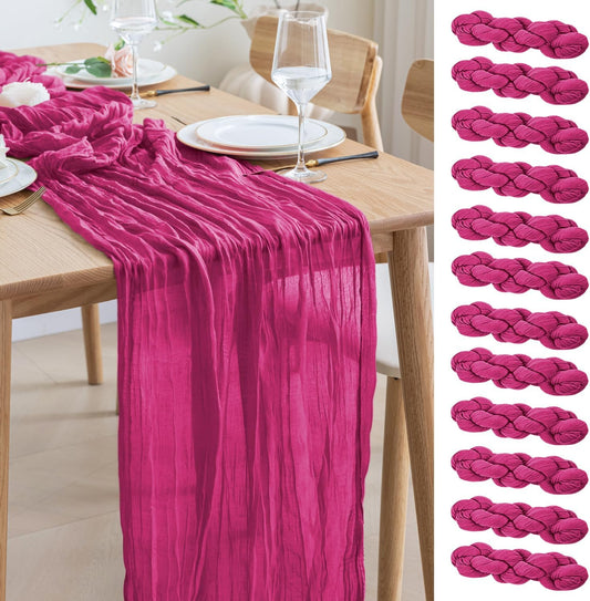 Asee'm 12pcs Cheesecloth Table Runner 120 Inches Long Fuchsia Boho Gauze Cheese Cloth Runner 10FT Rustic Sheer Table Runners for Christmas Wedding Party Baby Shower Spring Easter Decoration