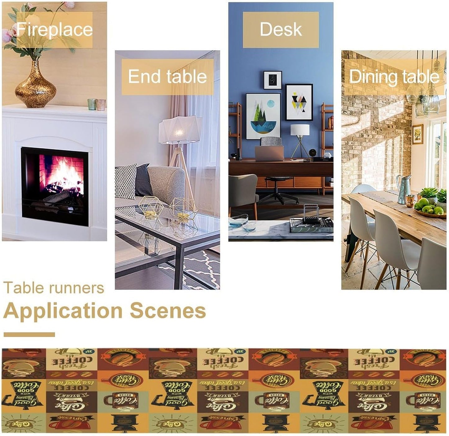 Coffee Table Runner,Vintage Style Coffee Beans Cups Theme Design Pattern Print Tablecloth Burlap for Hotel Indoors Outdoor Dining Room Kitchen Holiday Party, 13x60in