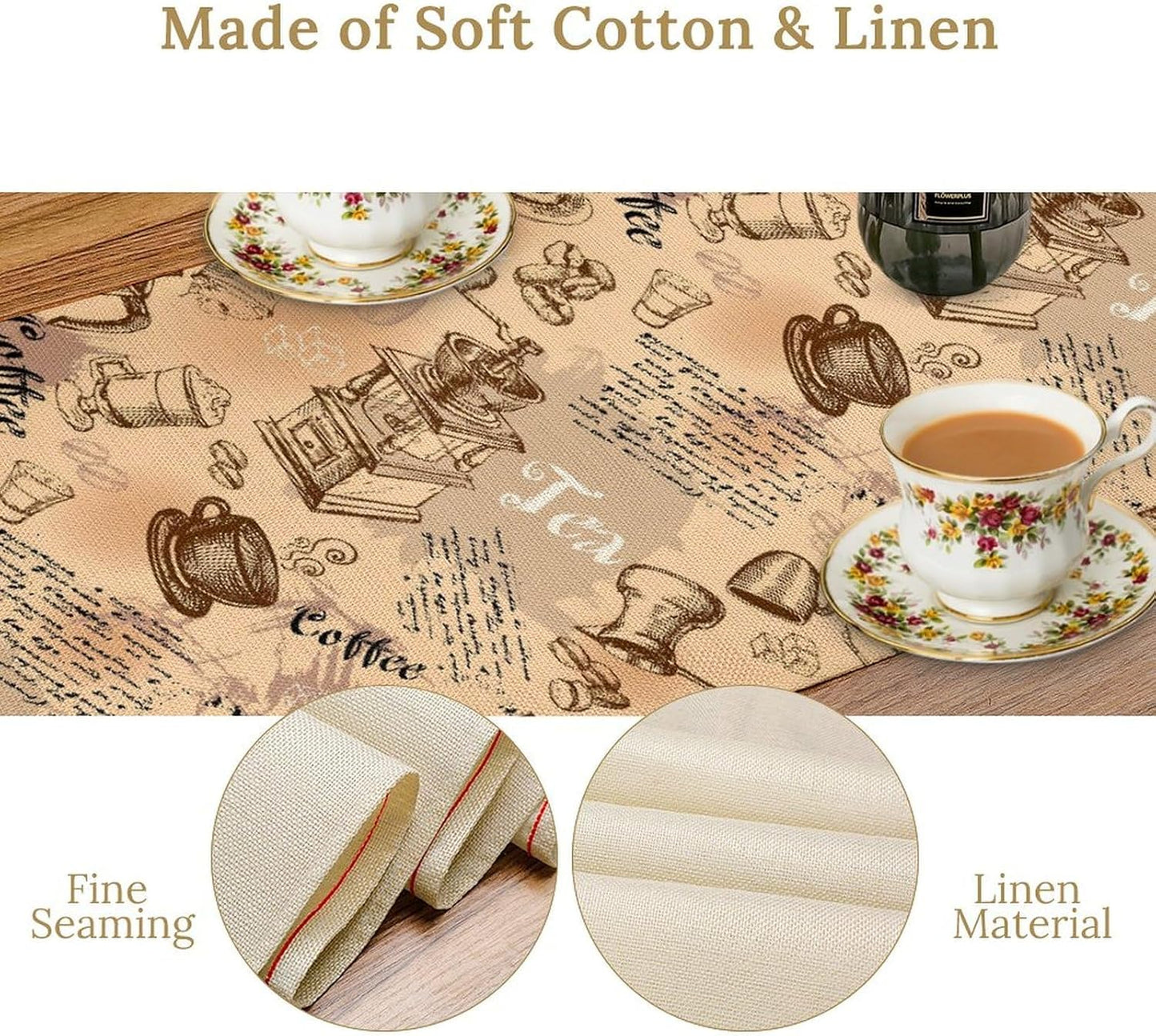 Coffee Theme Table Runner, Rustic Farmhouse Coffee Cup Tea Party Cafe Table Center Decor for Home Kitchen Dining Patio Holiday Party Indoor Outdoor Table Decorations,13"x72" Inch