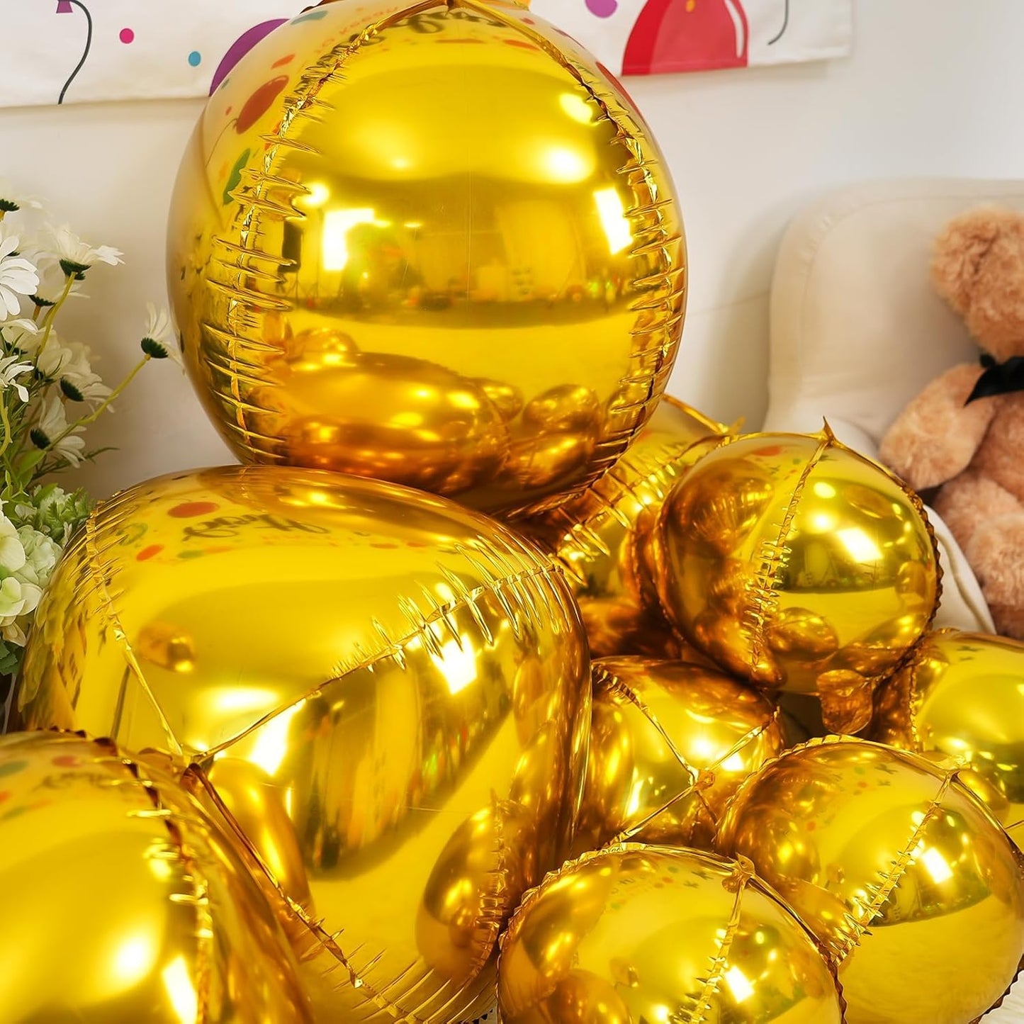 12Pcs Gold Round Foil Balloons, 22" 15" 10" 4D Ball Balloons, Metallic Gold Foil Balloon for Birthday Graduation Wedding Anniversary New Year Eve Disco Party Backdrop Decorations