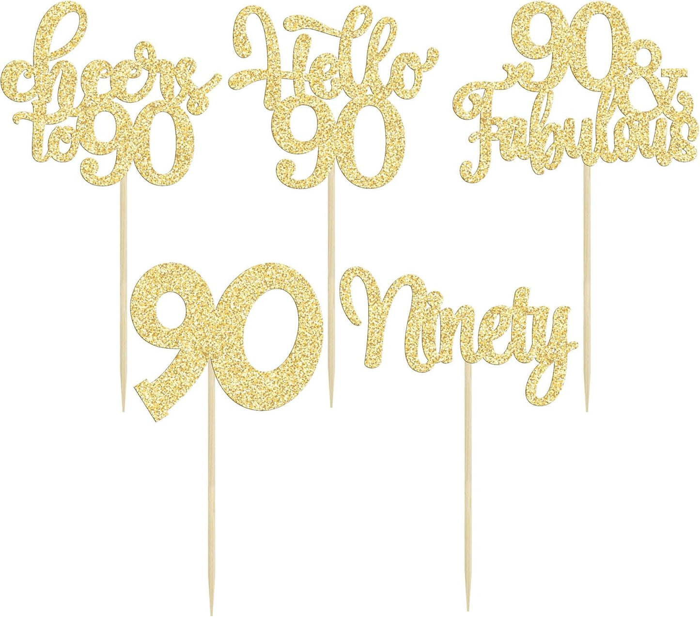 30pcs Happy 90th Birthday Cupcake Toppers - Gold Glitter Ninety Cheers to 90 Years Old Cupcake Picks for Anniversary Party Cake Decorations