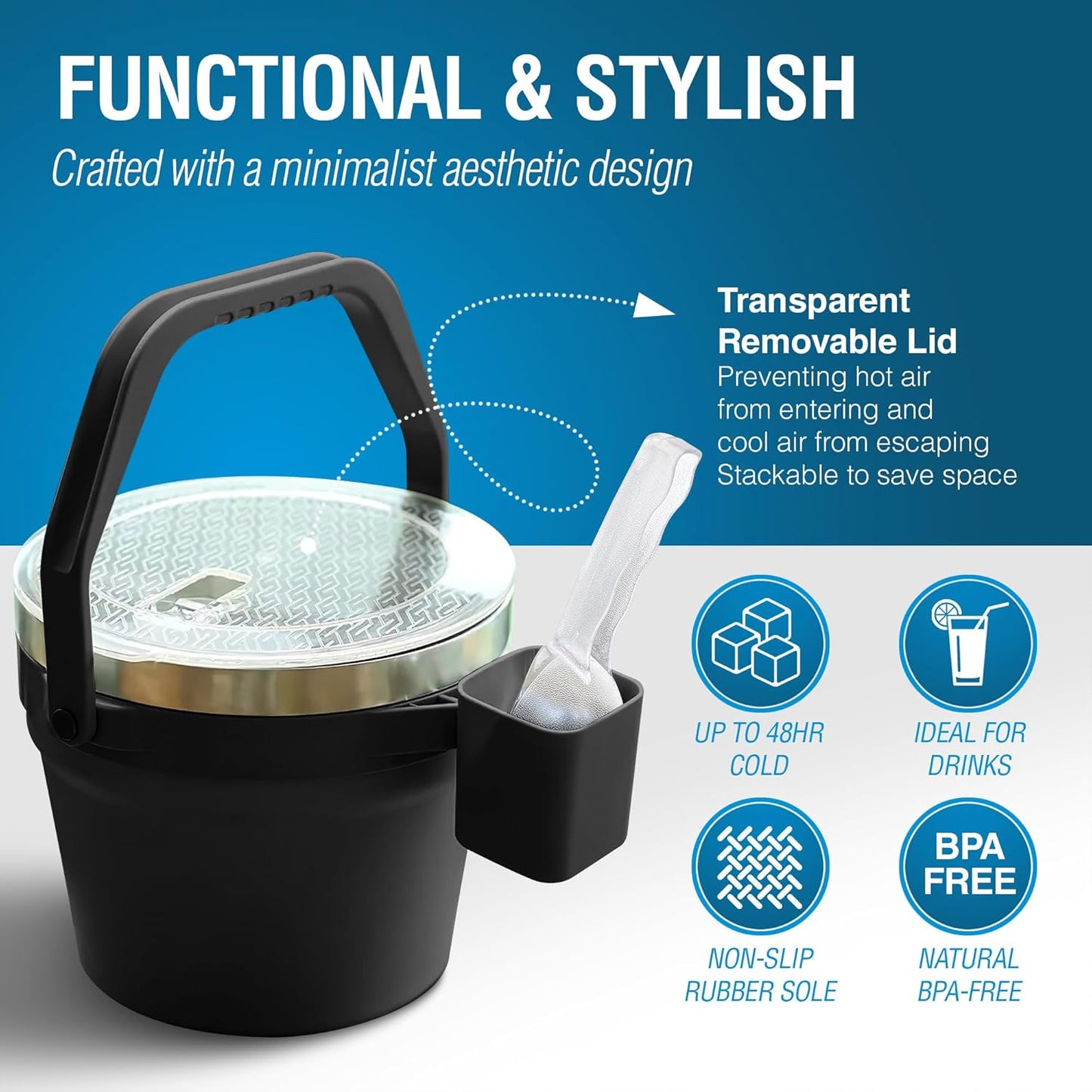 Insulated Ice Bucket with Lid & Scoop-XL Double-Walled, bar Essentials for Entertaining, Holiday Party, Stainless Steel Wine Chiller, Beverage Tub with Handle, Bottle Opener, Great Gift (Black)