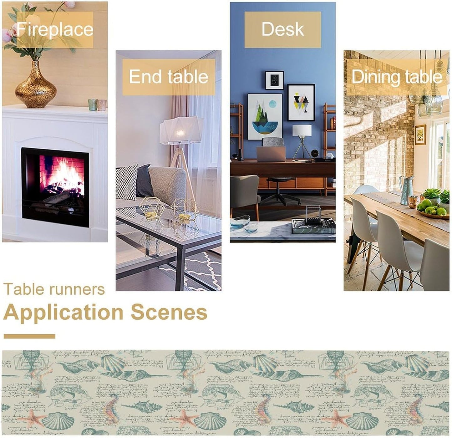 Starfish Table Runner,Seashells Beach Coastal Nautical Sailboat Jellyfish Vintage Hand Drawn Burlap for Hotel Indoors Outdoor Dining Room Kitchen Table Decor, 13x80in