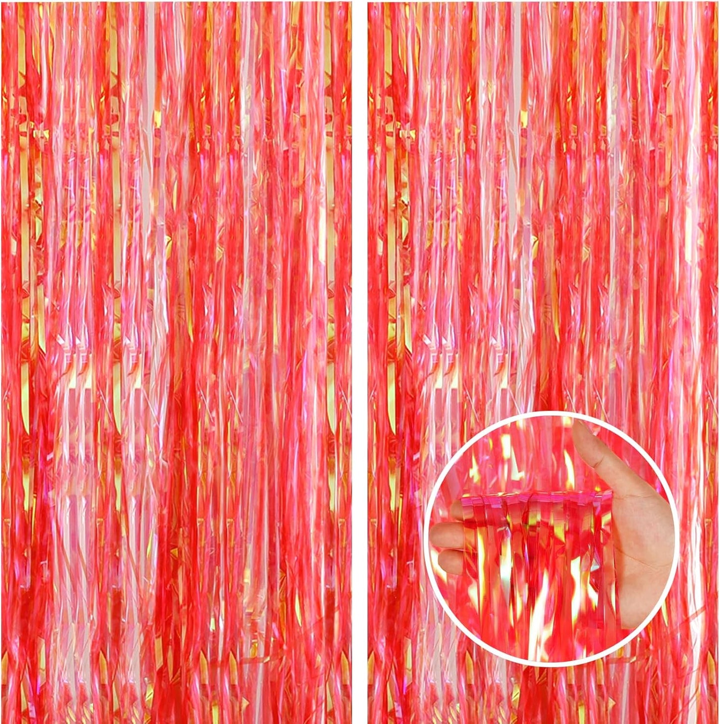 CANREVEL 2 Pack 3.2x6.5 Feet Iridescent Foil Fringe Backdrop Curtains, Clear Red Tinsel Photo Booth Props Streamers Party Decorations for Birthdays Christmas Valentines Day Party