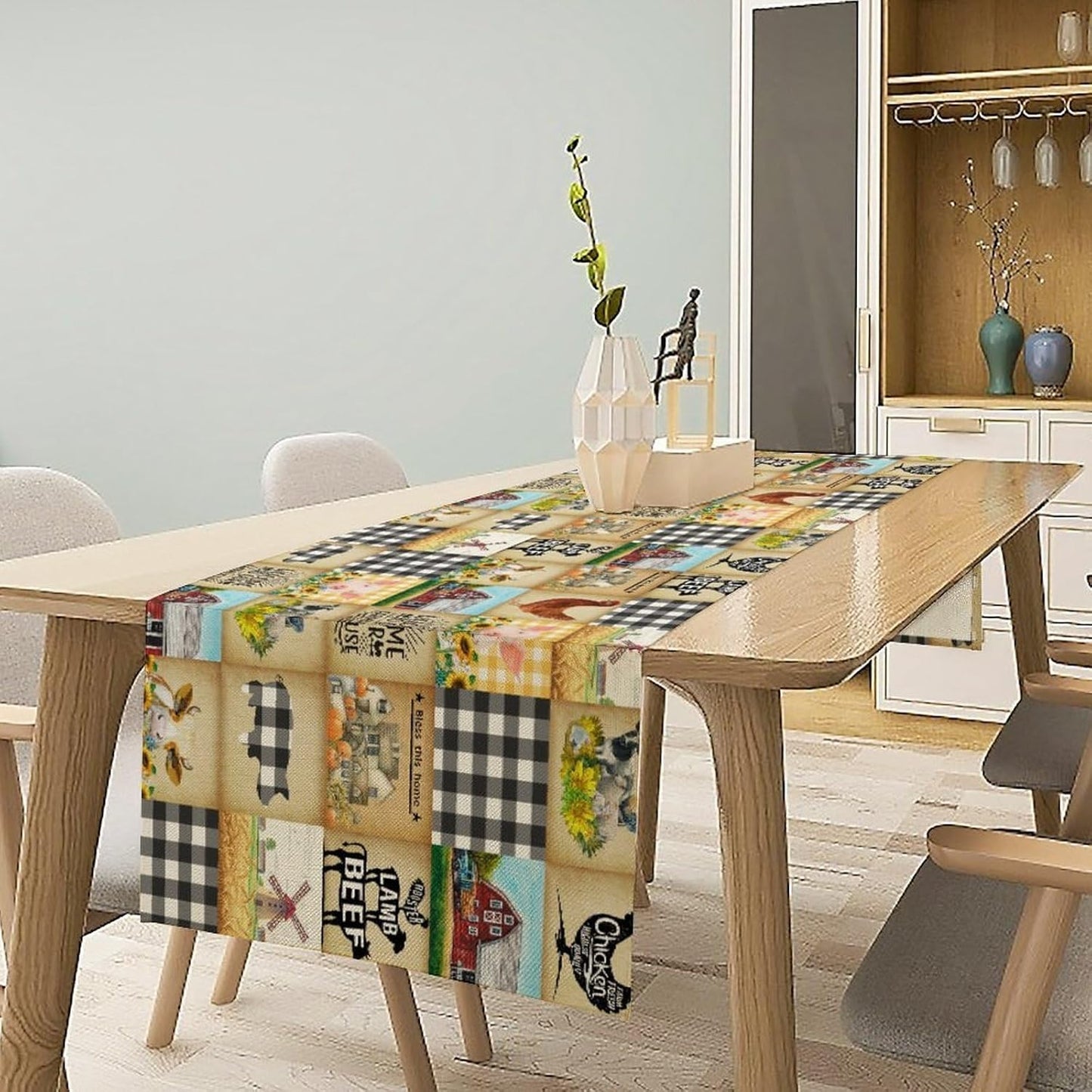 Farmhouse Animals Table Runner,Rustic Cabin Pig Chicken Cow Sunflowers Geometric Grids Burlap for Hotel Indoors Outdoor Dining Room Kitchen Holiday Party, 13x70in