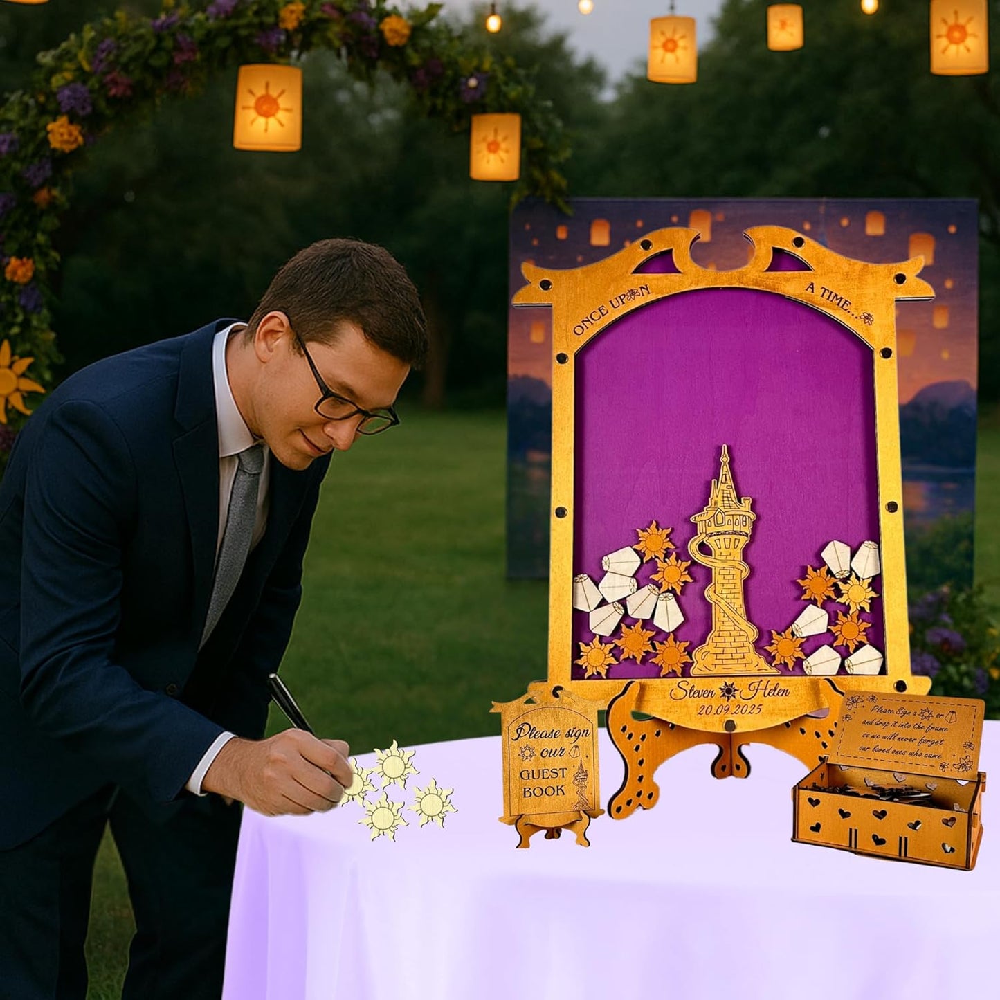 Tangled Guest Book Wedding Alternative | Gold Princess Tower Guestbook | Personalized Wooden Drop Box Keepsake for Fairytale Weddings