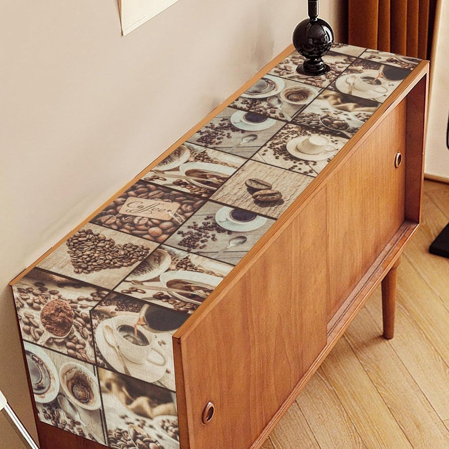 Coffee Theme Table Runner, Rustic Farmhouse Coffee Cup Latte Cappuccino Tea Party Cafe Table Center Decor for Home Kitchen Dining Patio Holiday Party Indoor Outdoor Table Decorations, 13"x90" Inch