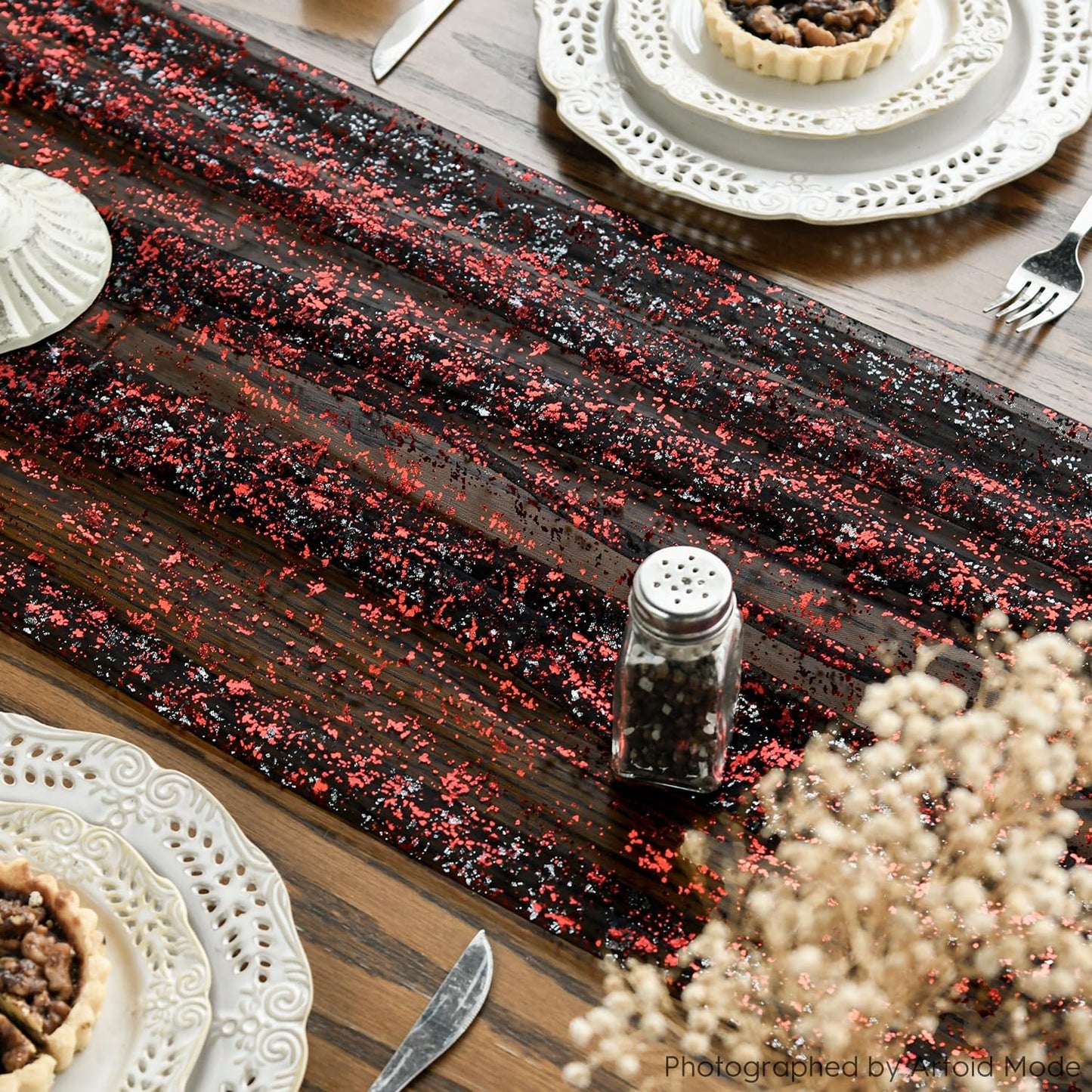 Artoid Mode 6PCS Black Red Gold Gauze Table Runner 120 Inch 10FT, Glitter Metallic Foil Sheer Dining Wedding Anniversary Holiday Table Decor for Home Party