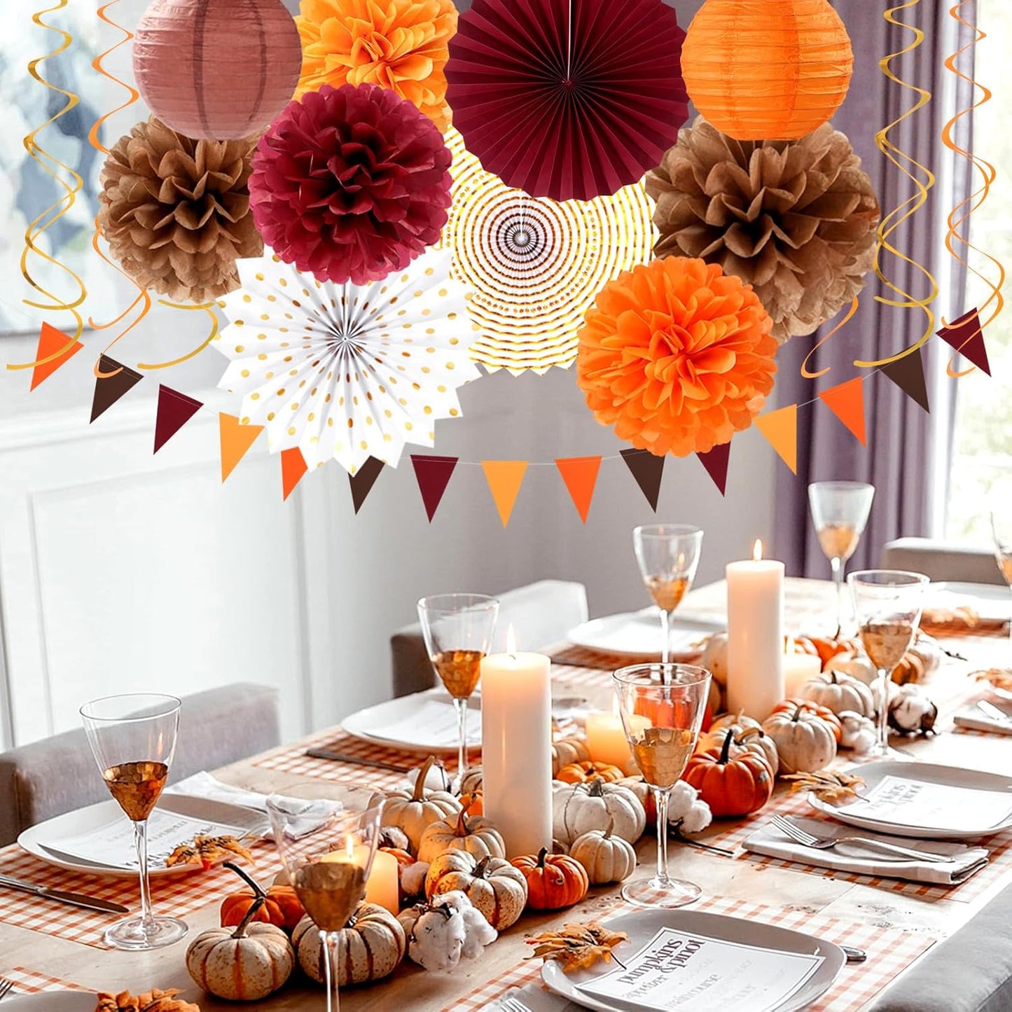 Boho Baby-Shower Burgundy Brown-Orange Party-Decorations - 33pcs Banner,Fall Autumn Streamers Tassel Garland,Tissue Pom Poms Honeycomb,Paper Lantern Fan, Wedding Harvest Rustic Birthday Decor Hugtmr