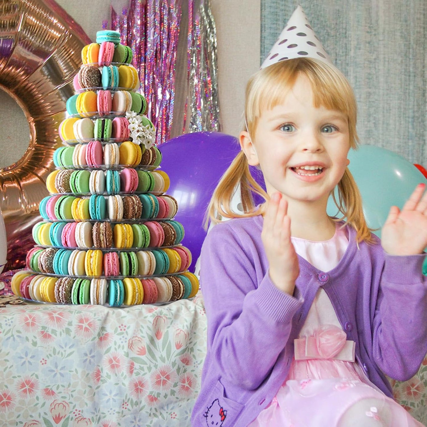 10 Tiers Macaroon Tower Stand with 8'' Silicone Tongs, Round Macaron Tower Cake Display Rack Plastic Cupcake Stand Macarons Desserts Serving Tray for Birthday Wedding Party Decor (10 Tiers with Tongs)