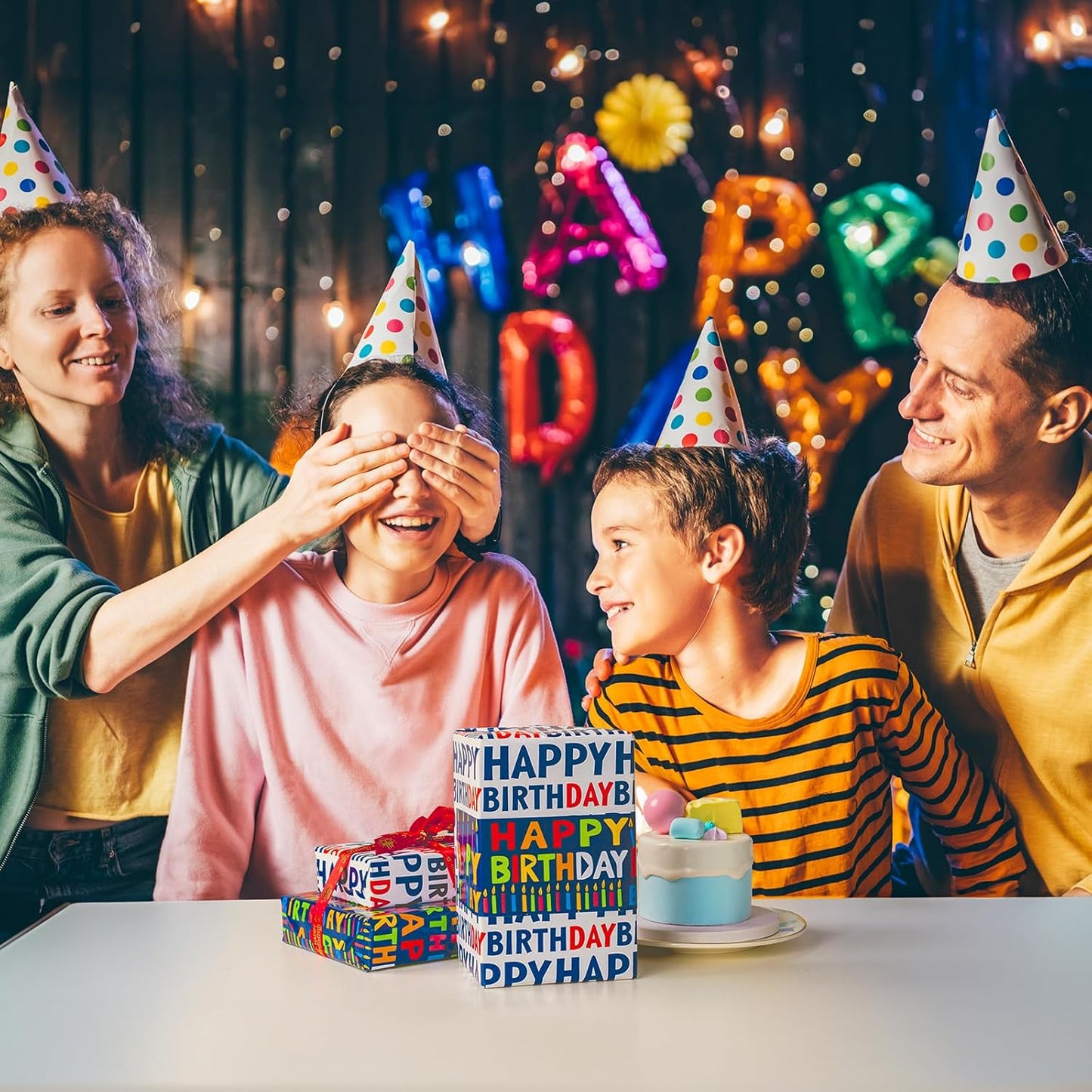 Yarcony Reversible Birthday Wrapping Paper Roll - 17 Inch X 33 Ft(46.8 Sq.Ft.Ttl) - Creative Colorful Happy Birthday Lettering & Candle Navy Blue Gift Wrap for Party, Baby Shower & Holiday