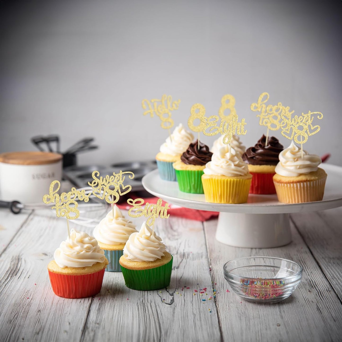 30Pcs 8th Birthday Cupcake Toppers Glitter Eight Hello 8 Cupcake Picks Cheers to 8 Years Old Cake Decorations for 8th Birthday Party Supplies Gold