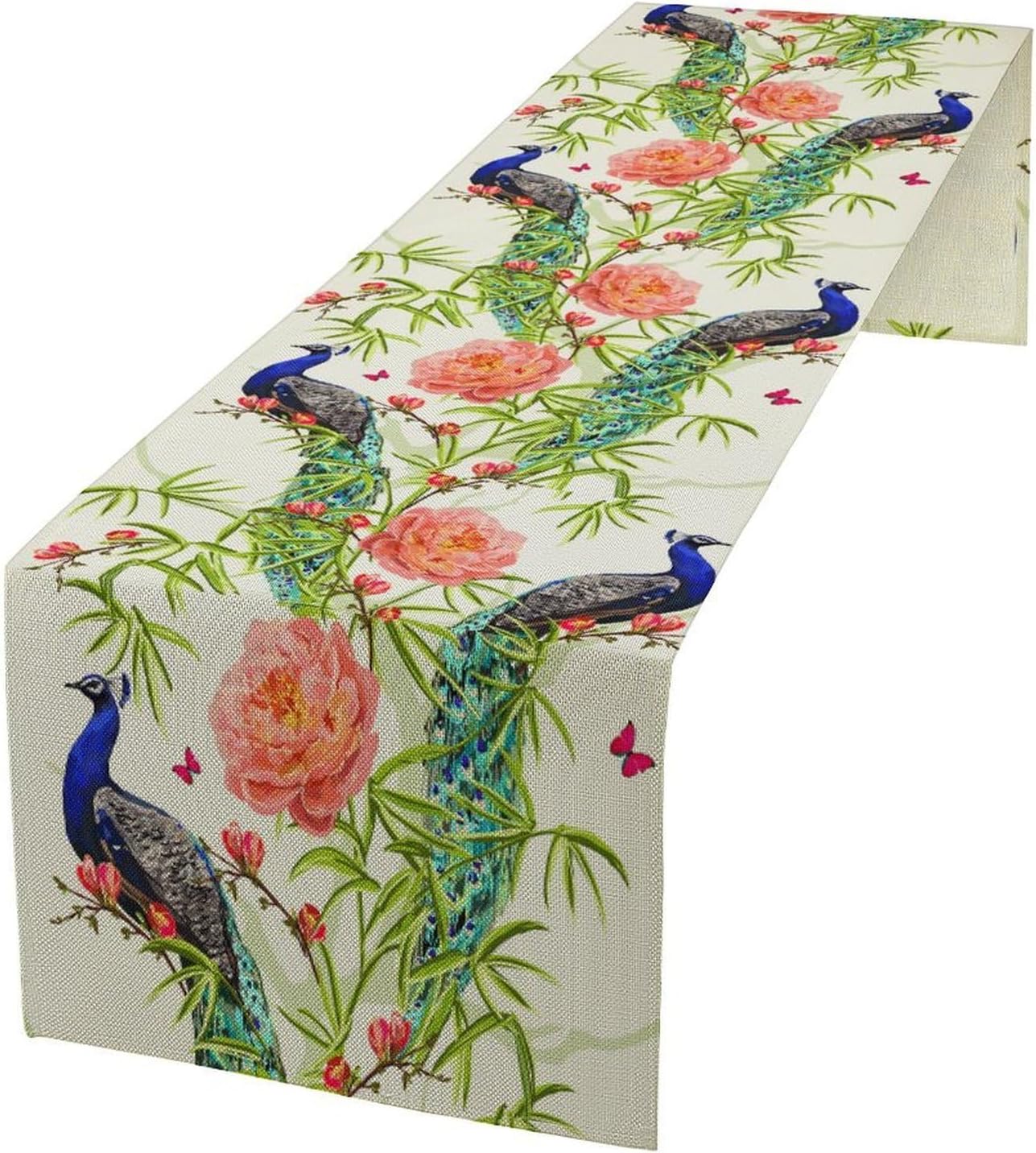 Peacock Table Runner,Seasonal Flower Plants Peacock Birds Table Runner for Home Kitchen Dining Party Indoor Outdoor Decoration 13x90 Inch