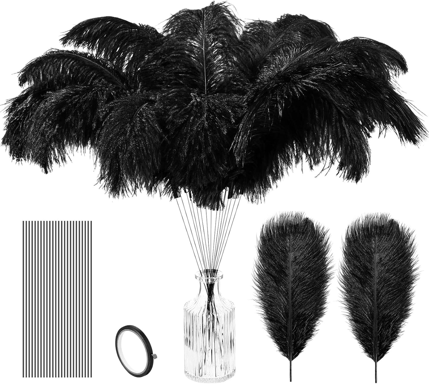 Hanaive 150 Pcs Ostrich Feathers Set Bulk Plumes 12-14 Inch (30-35cm) 70 Pcs Large Ostrich Feathers with 80 Sticks and Tape for DIY Crafts Wedding Home Party Centerpiece Decorations(Black)