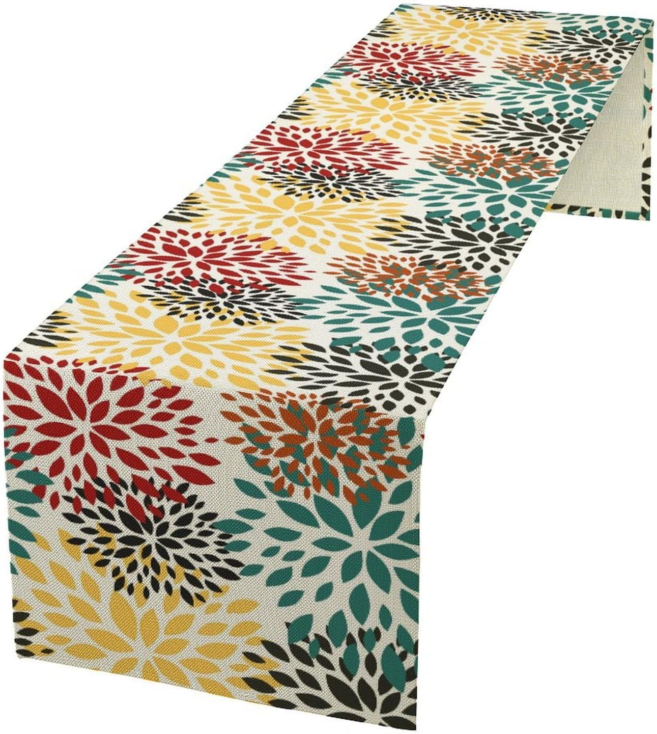 Green Red Dahlia Flower Table Runner Chrysanthemum Geometric Kitchen Dining Bedroom Living Room Table Decor for Indoor Outdoor Home Party, 13x120 Inch