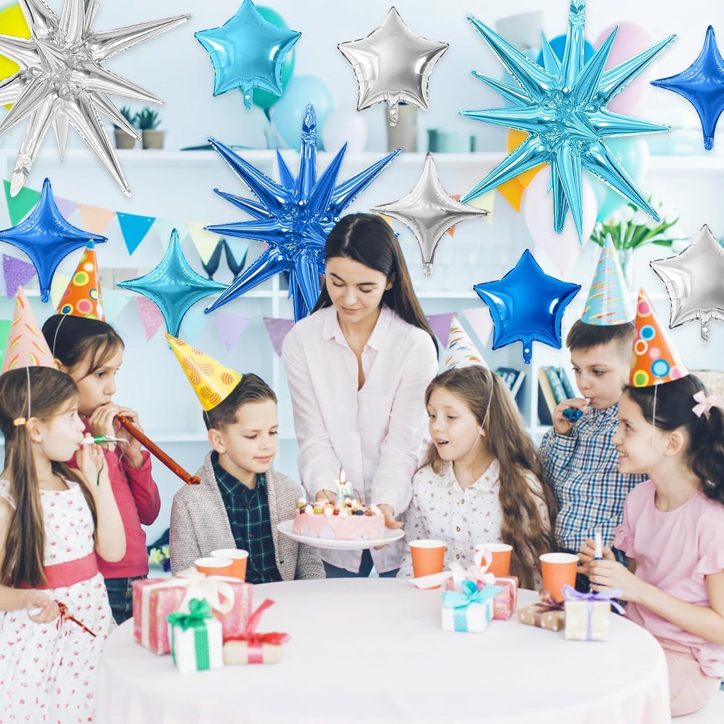 Blue Silver Star Balloon,16Pcs Star Foil Balloons Set with 22Inch Explosion Spike Cone Balloons and 10Inch Quadrangle Helium Balloon for Birthday Wedding Baby Shower Party Decorations