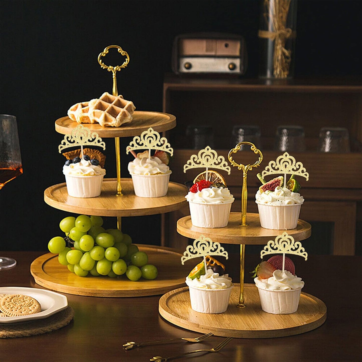 Gyufise 24Pcs Gold Princess Crown Cupcake Toppers Glitter Princess Cake Pick Decorations for Wedding Girl Birthday Baby Shower Party Decorations Light Gold