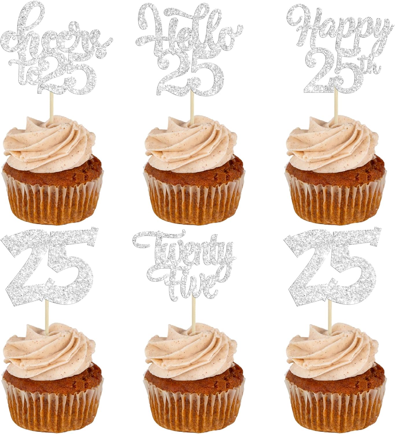 30pcs 25th Birthday Cupcake Toppers - Silver Glitter Cheers to 25 Years Old Cake Decorations for 25th Birthday Anniversary Party Supplies