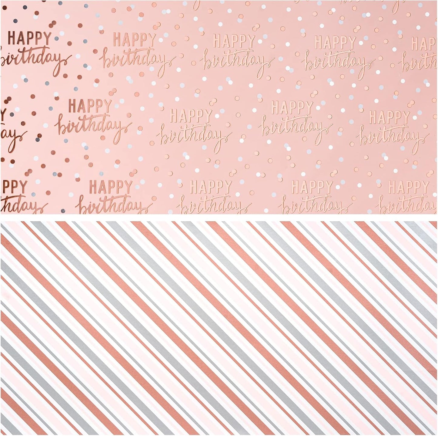 LeZakaa Reversible Pink Birthday Wrapping Paper Roll for Girls Women, Happy Birthday Lettering & Stripe Pattern with Metallic Foil in Pink, Mini Roll, 17 inches x 16.4 Feet