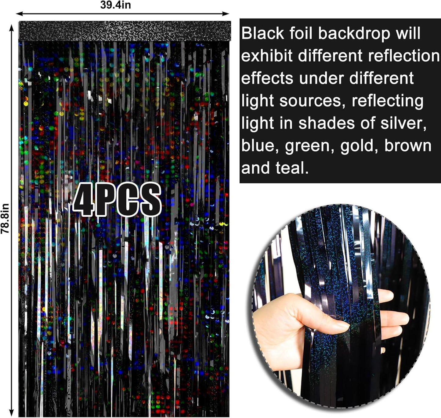 4 Packs Black Foil Fringe Curtain, Glitter Metallic Tinsel Backdrop for Birthday, Wedding, Bridal Shower, Halloween, Gold and Black Party Decorations Supplies
