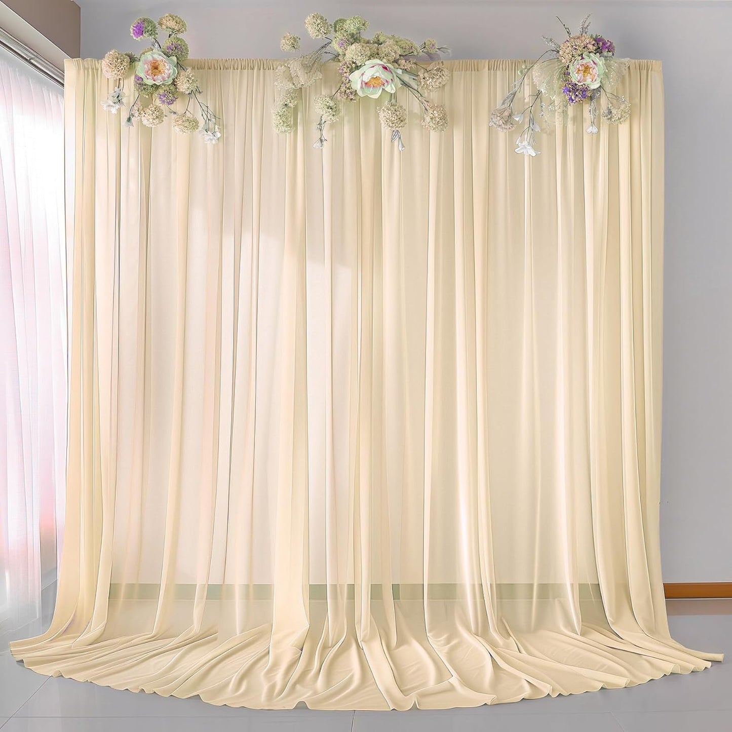 10ft x 10ft Champagne Backdrop Curtains, Wrinkle-Free Sheer Chiffon Fabric Photo Backdrop Drapes for Wedding Arch Party Ceremony Stage Photography Decorations