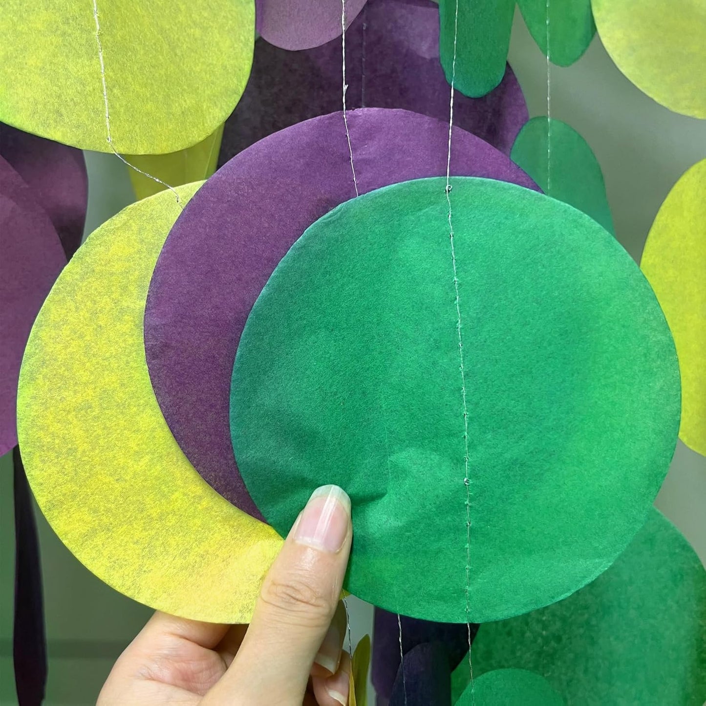 205 Ft Mardi Gras Party Decorations Purple Green Yellow Circle Dot Backdrop Garland Tissue Paper Polka Dots Hanging Streamer for Mardi Gras Birthday Wedding Baby Shower Masquerade Party Supplies