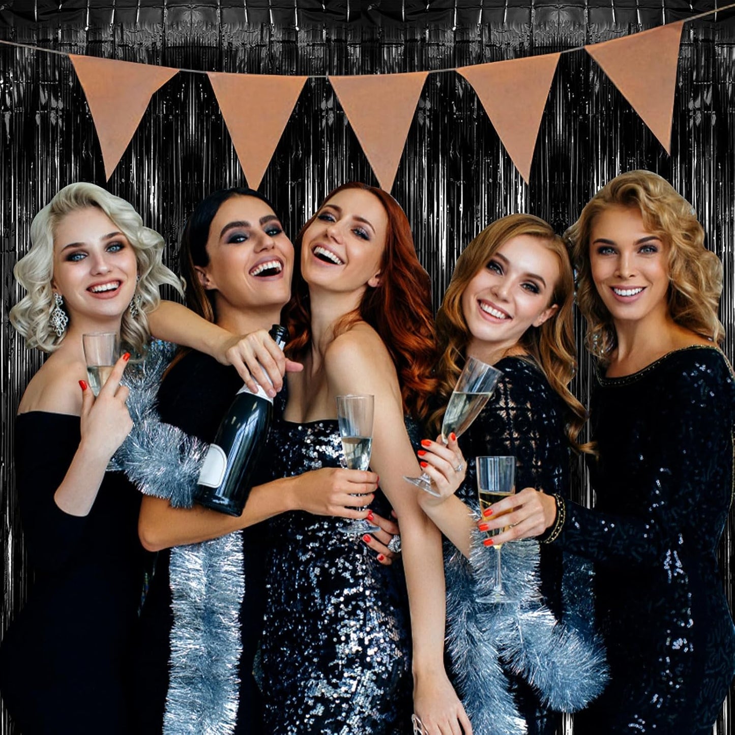 2 Pack Black Party Streamers Backdrop Tinsel Foil Fringe Curtains Halloween Party Decorations Birthday Wednesday Twilight Party Decorations Graduation Wizard Party Supplies