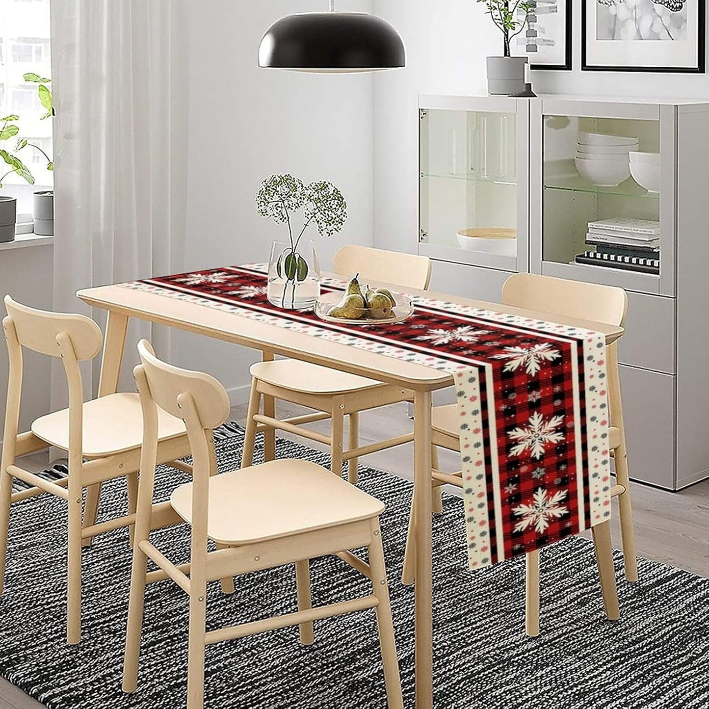 Snowflakes Christmas Table Runner,Red Buffalo Plaid Seasonal Winter Kitchen Dining Table Decoration for Home Party Decor 13x120 Inch