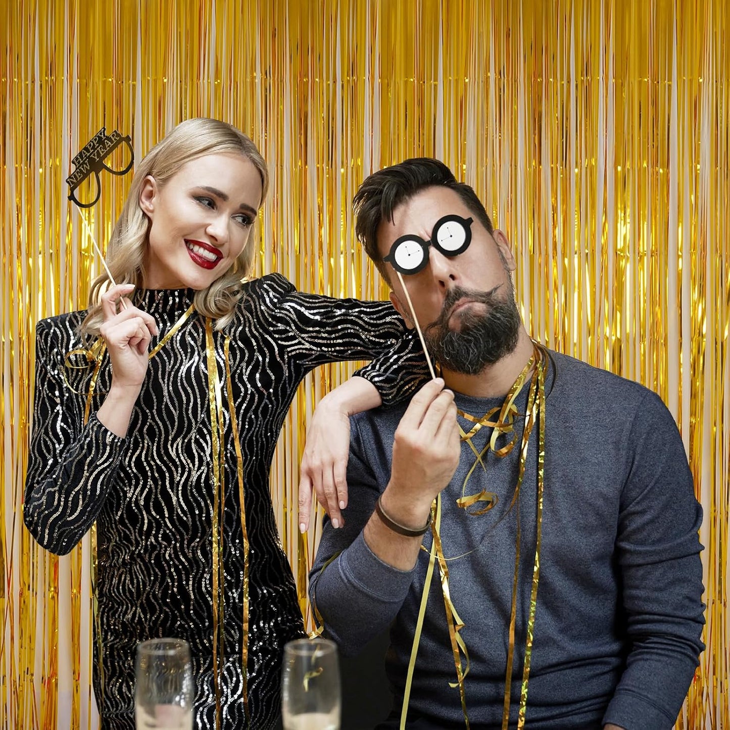 Foil Fringe Curtains Party Decorations - Melsan 3 Pack 3.2 x 8.2 ft Tinsel Curtain Party Photo Backdrop for Birthday Party Baby Shower or Graduation Decorations (Pure Gold)