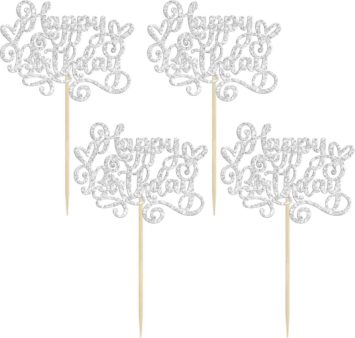 Gyufise 24Pcs Happy Birthday Cupcake Toppers Glitter Happy Birthday Cupcake Picks for Celebrating Happy Birthday Party Decor Anniversary Theme Party Cake Decorations Supplies Silver