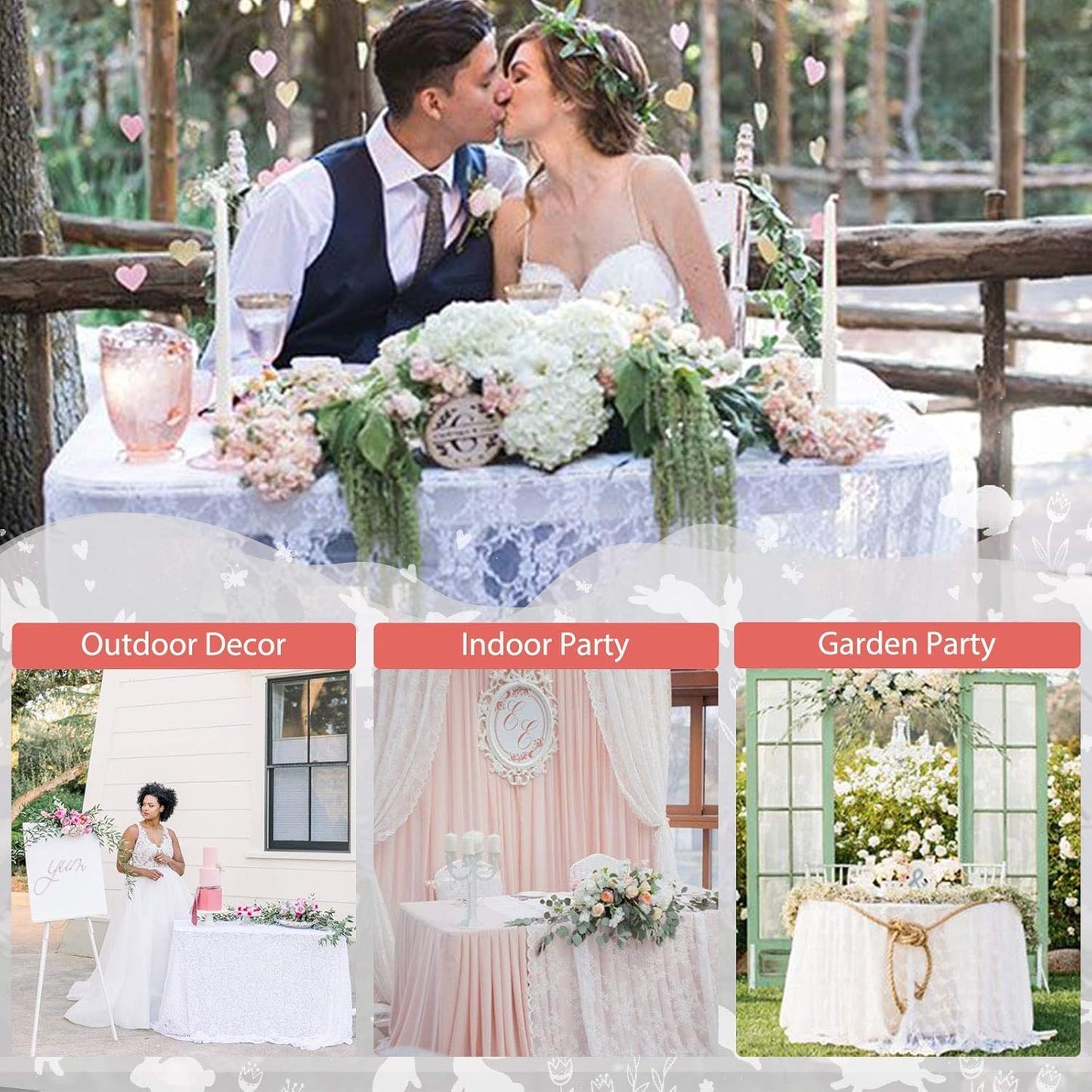 LuoluoHouse 2 Pack 60 x 120 Inch White Lace Rustic Table Cloths Vintage Farmhouse Table Fabric Wedding Outdoor Chic Decoration Embroidered Rectangle Table Linen