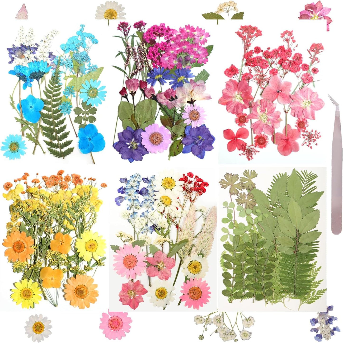 120Pcs Dried Pressed Flowers for Resin Mould Dry Flower Real Leaves Bulk with Tweezers Natural Herbs Kit for Scrapbooking DIY Art Crafts Candle Jewelry Making Nails Floral Decoration(Multicolor)
