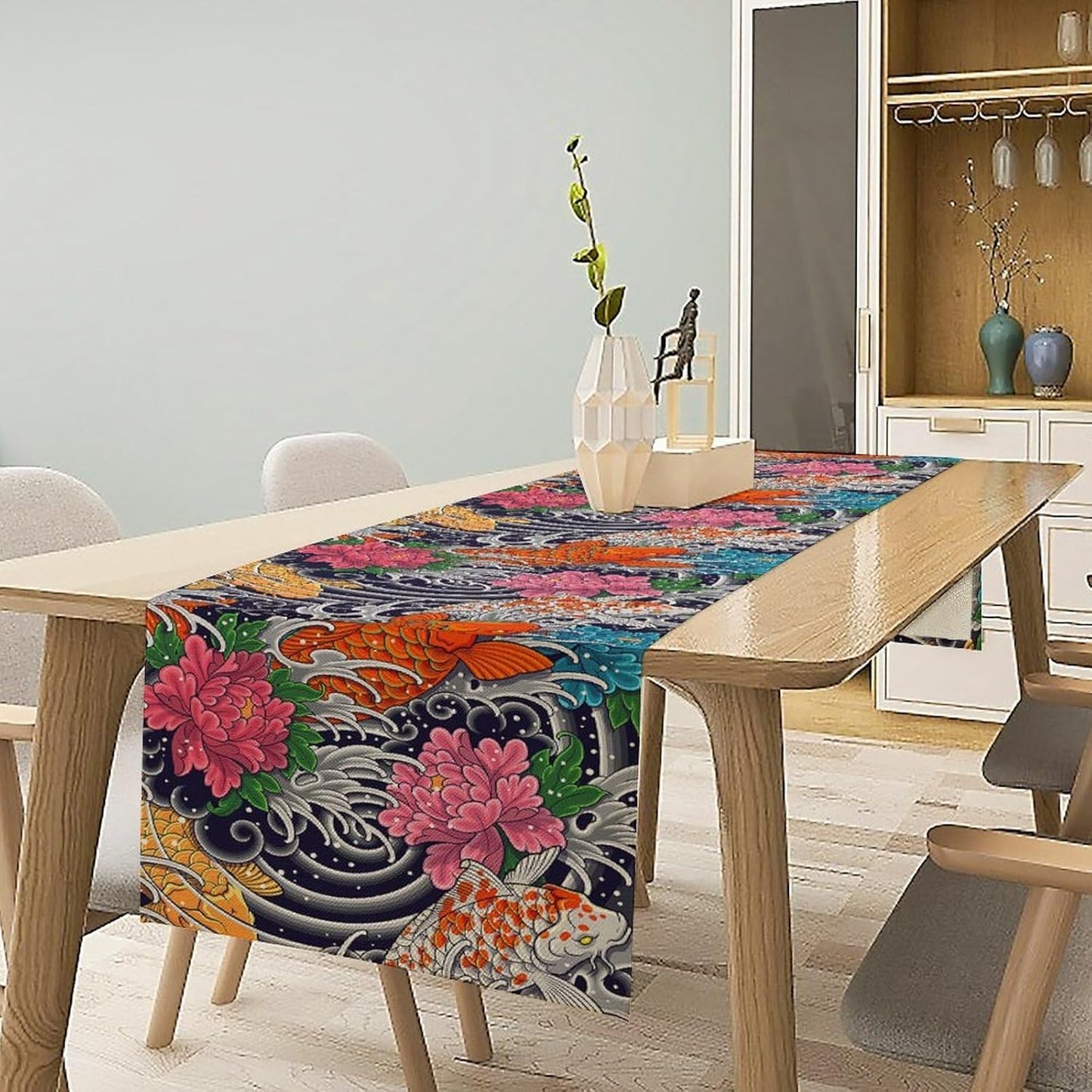 Japanese Retro Flowers Table Runner Oriental Tradition Kio Fish Art Printed Burlap Runner Home Kitchen Dining Table Living Room Decor Fabric 1 Panel W13xL120in