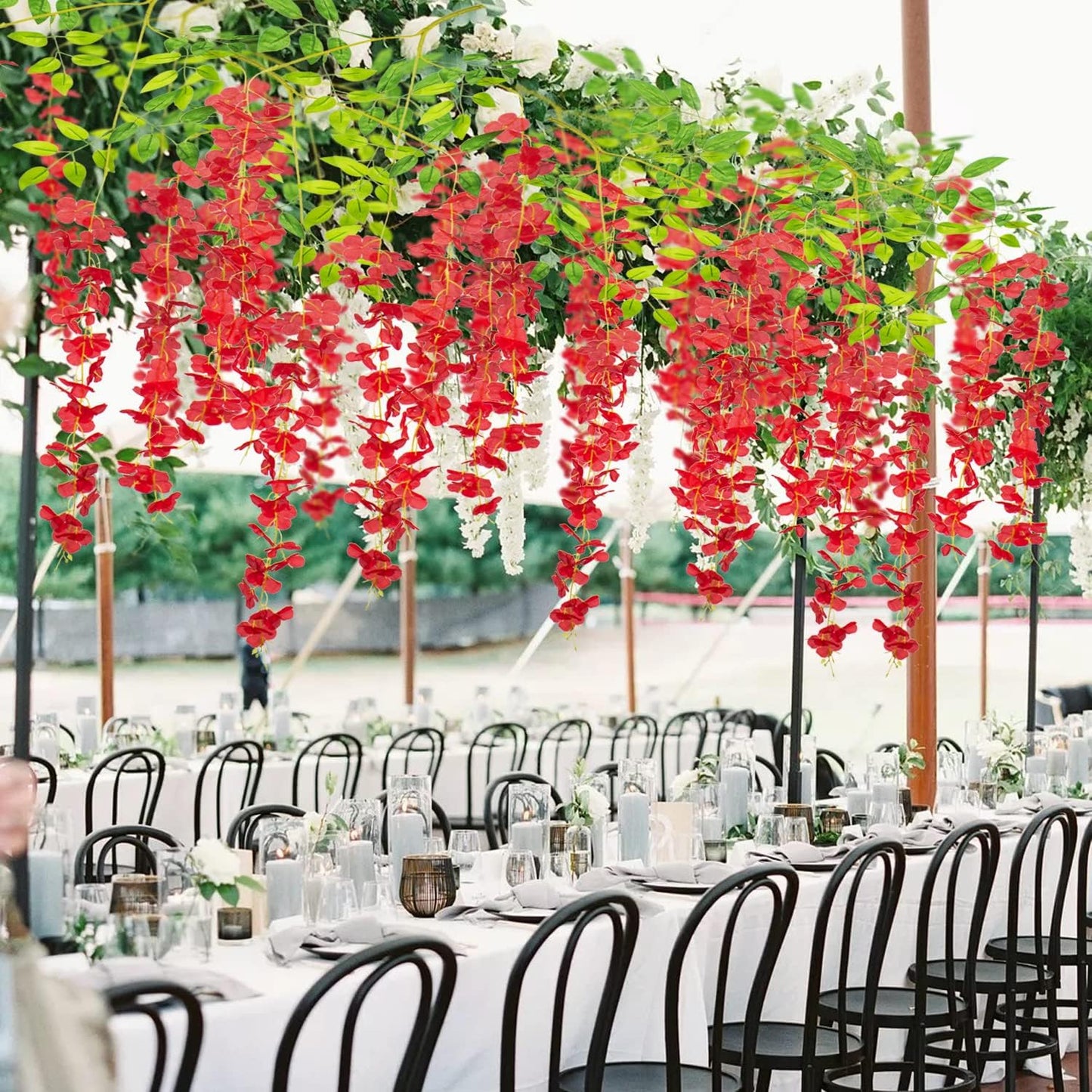 24 Pack Artificial Fake Wisteria Vine Ratta (3.75 Feet) Hanging Garland Silk Flowers String Home Party Wedding Decor (Red)