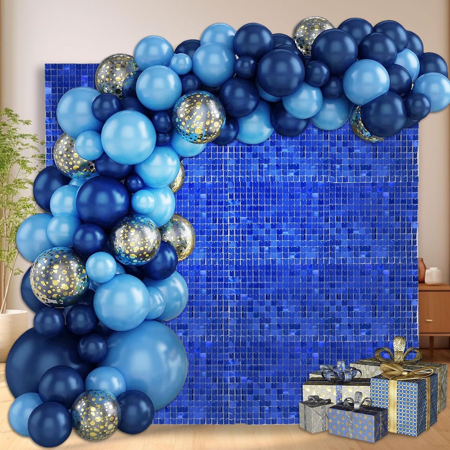 24PCS Blue Shimmer Wall Backdrop, Square Sequin Backdrops Panel, Glitter Wall Background for Birthdays, Weddings, Graduation, Engagements, Disco Bachelorette Party Decoration (4FTx6FT)