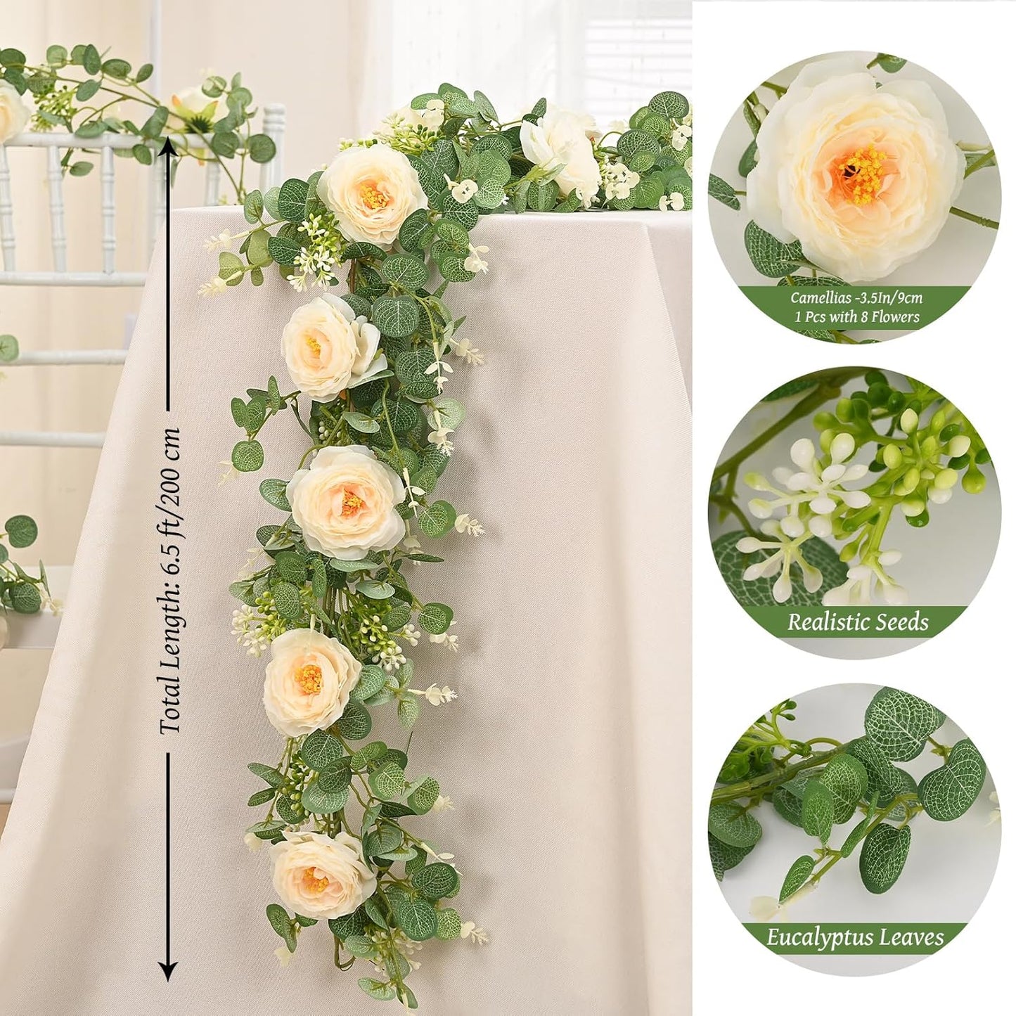Dolicer 4Pcs 26Ft Artificial Eucalyptus Garlands with Flowers, Faux Floral Greenery Garlands Fake Flowers Vines for Wedding Centerpieces Arch Party Ceremony Backdrop Decor (Champagne)