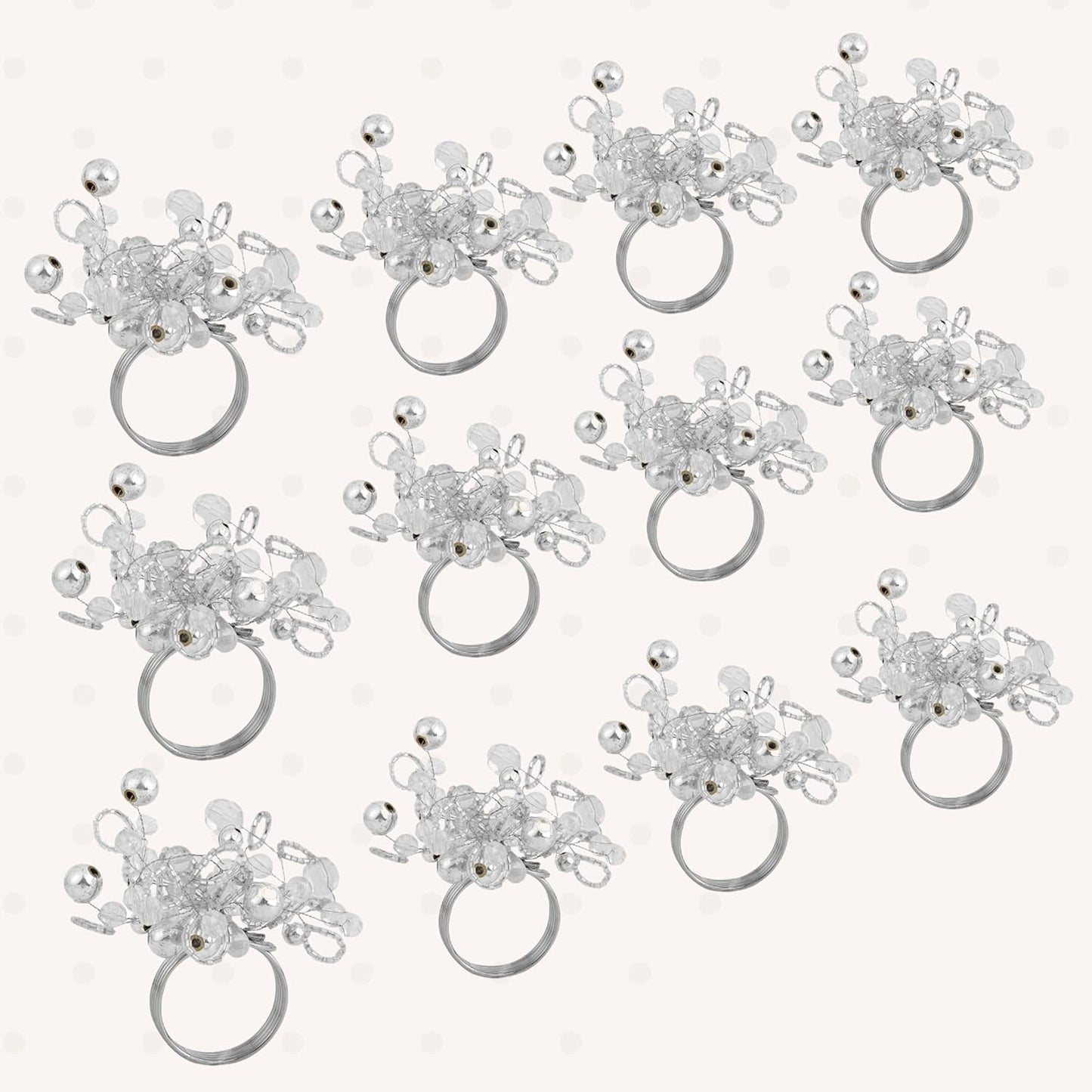 Decorative Napkin Ring Set of 12 - Handmade Glass Beads Napkin Holders for Table Setting Elegant Dining Accessory Round Heavy Duty Metal Frame Wedding & Party Table Décor (Silver) - CLEENTABLE