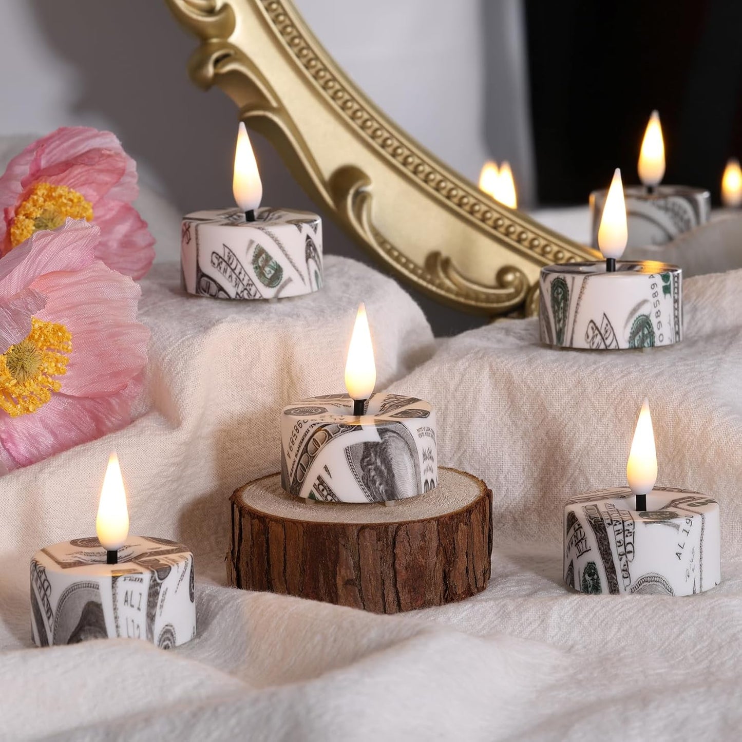 Eywamage Patriotic Flameless Tealights with Remote Batteries, Flickering US Dollar LED Tea Votive Candles Set of 12