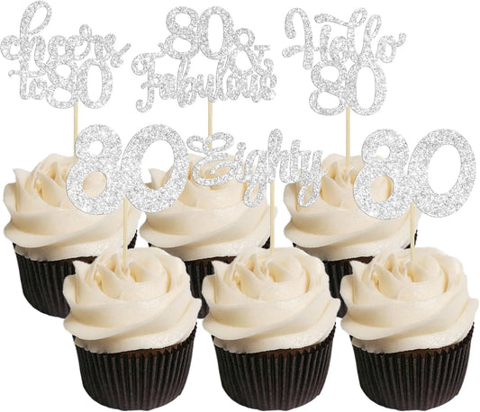 30Pcs Happy 80th Birthday Cupcake Toppers Eighty Cheers to 80 Years Old Birthday Cupcake Picks for Happy 80th Birthday Anniversary Party Cake Decorations Silver Glitter
