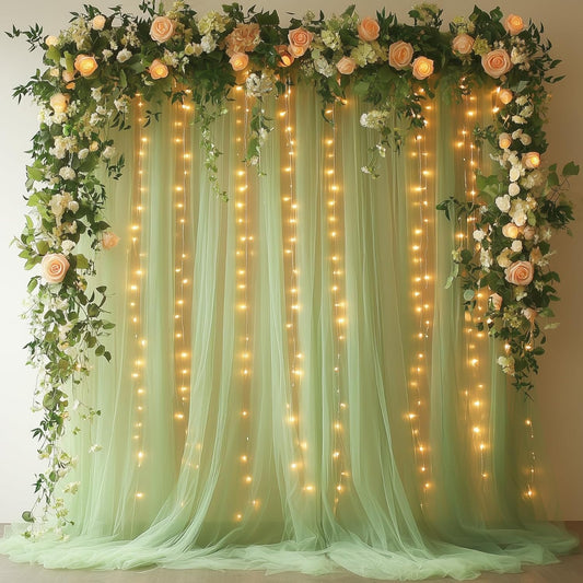 Sage Green Tulle Backdrop Curtain with Lights String - 10x10ft Sheer Backdrop with 300 LEDs for Wedding, Baby Shower, Bridal Shower, Birthday Party Photo Shoot Background and Home Decorations