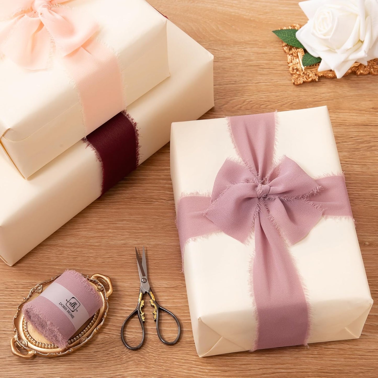 DORIS HOME Mauve Chiffon Ribbon for Flower Bouquet, 2" x21Yd Fabric Ribbon for Gift Wrapping, Handmade Frayed Ribbon for Wedding/Christmas Decorations